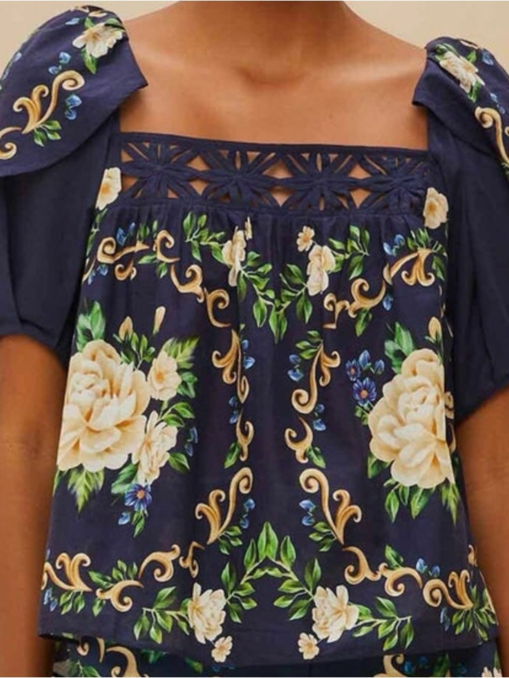 FARM Rio Navy Floral Square-Neck Puff Sleeve Blouse with Cream Roses